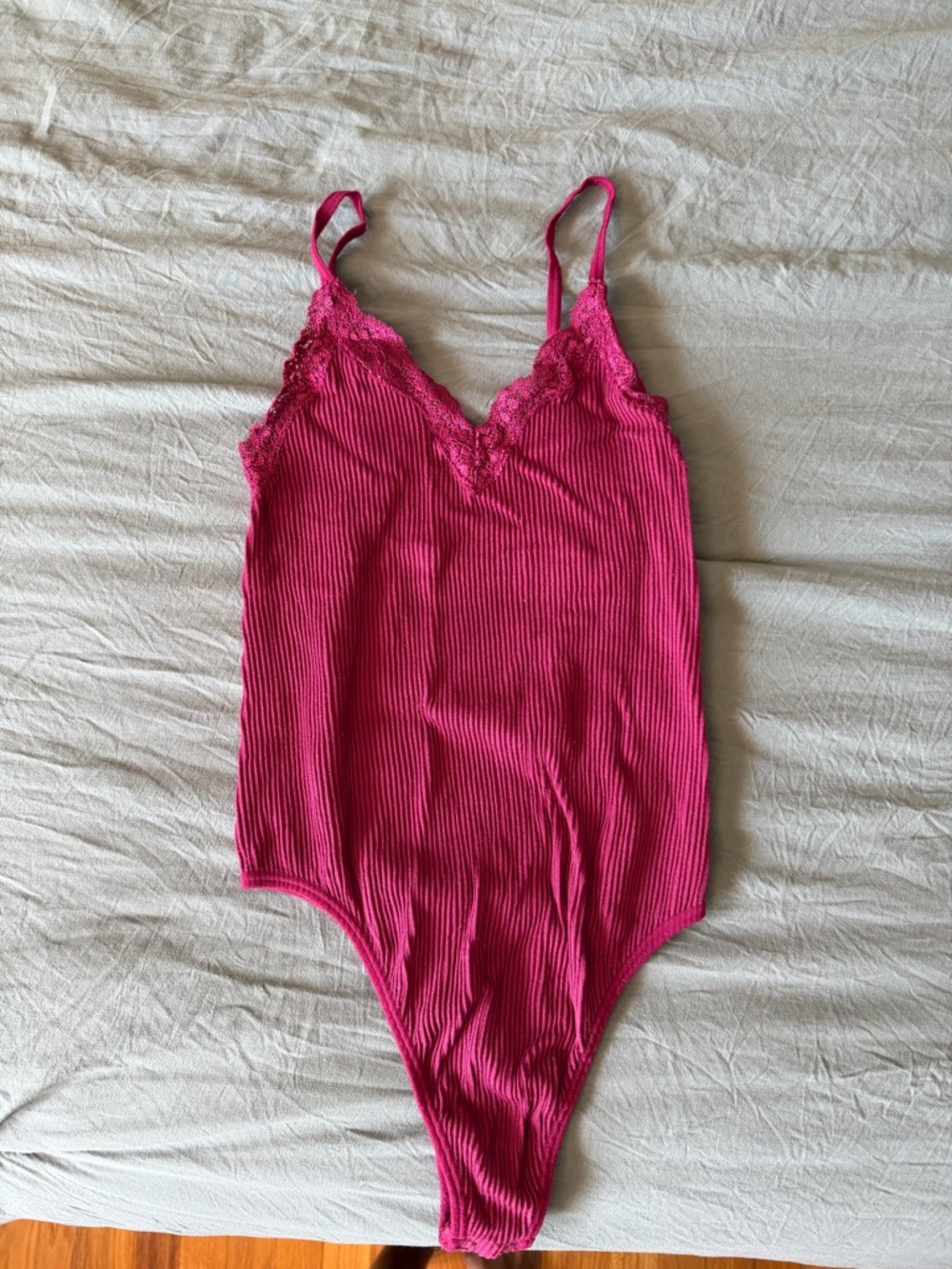 Hot Pink Ribbed Lace Trim Bodysuit